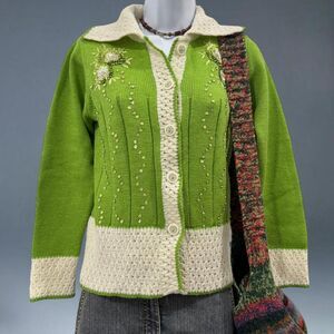 Cool Ice Style to Wear Y2K Green Sequin Floral Cardigan Button Up Sweater Retro
